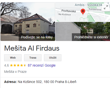 Záznam na vyhledavači Google o mešitě Alfirdaus