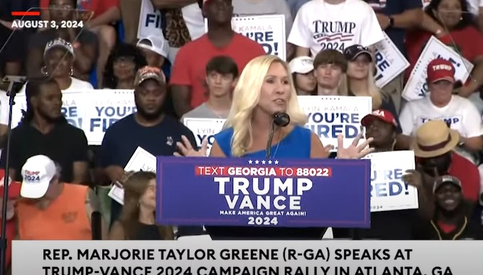 Senátorka Marjorie Greene má jako předřečník projev k Republikánům před blížícími se prezidentskými volbami. Atlanta, Georgia. Senátorka Marjorie Greene má jako předřečník projev k Republikánům před blížícími se prezidentskými volbami. Atlanta, Georgia.