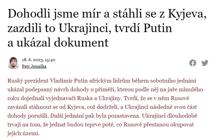 A následně zpráva z českých medií, které musely přiznat, že Rusko s Ukrajinou mělo uzavřít dohodu, ale Ukrajina ji porušila. Dodnes nebylo toto tvrzení ruské vlády ukrajinskou vládou popřeno ...