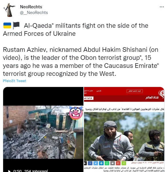 Screen ze sociální sítě Twitter, kde se píše o aktivitách Azhieva na Ukrajině