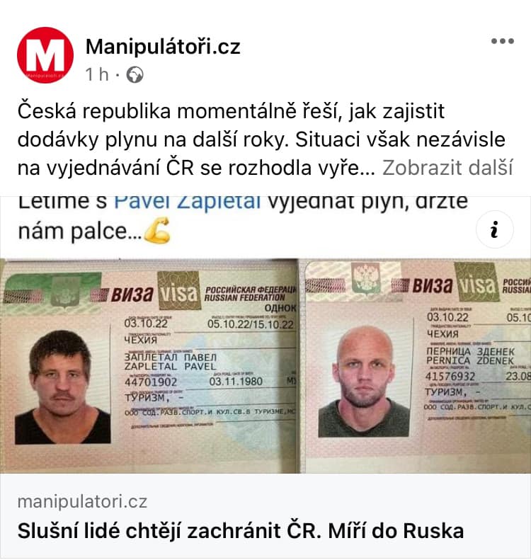 Screen lži a dezinformace vytvořené webem Manipulatori.cz